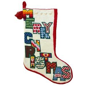 Merry Christmas Sampler Stocking Needlepoint Hand Done 18 inches Spell out
